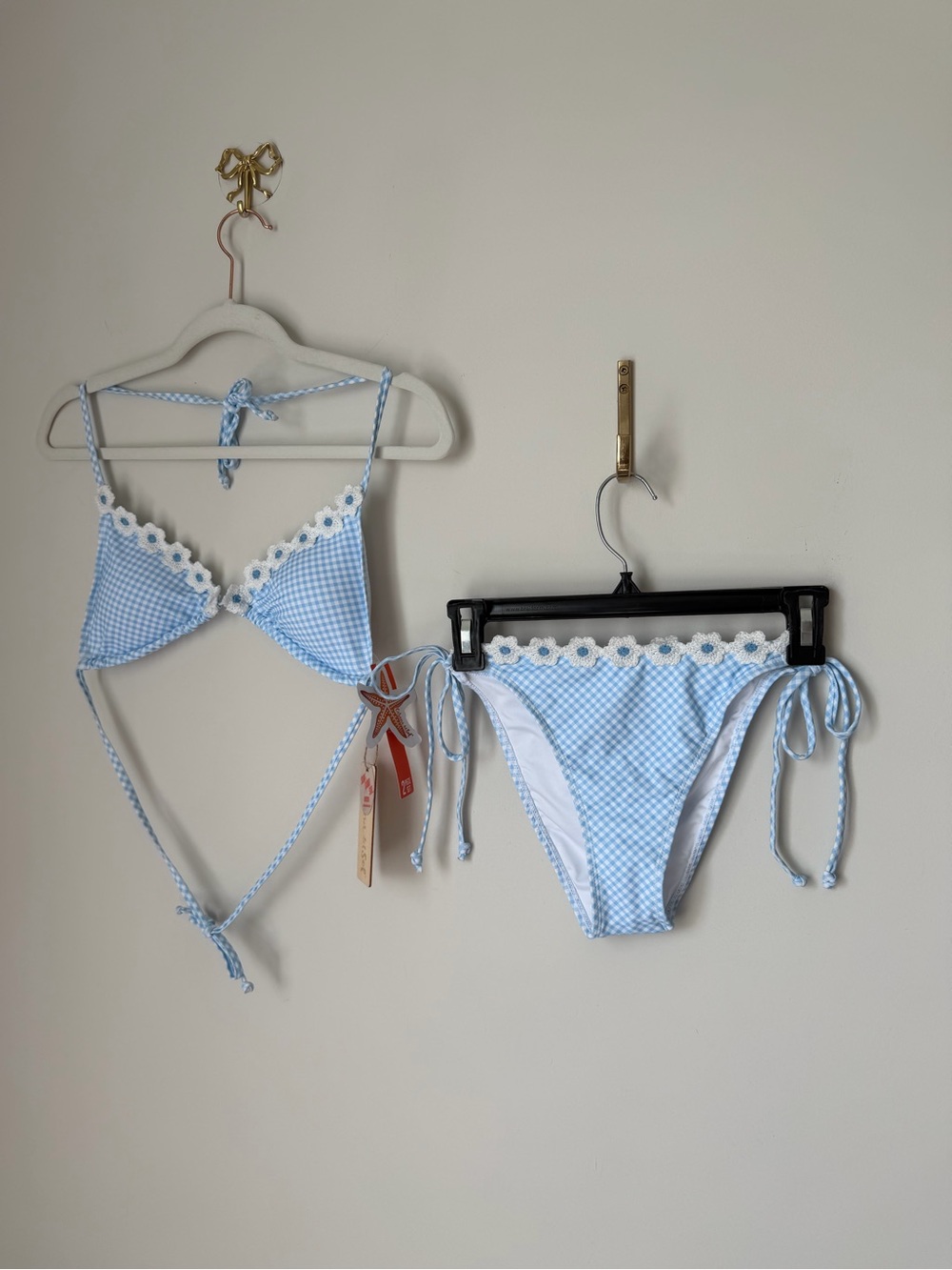 Blue Gingham floral lace-Trim Tie Bikini & triangle top Set